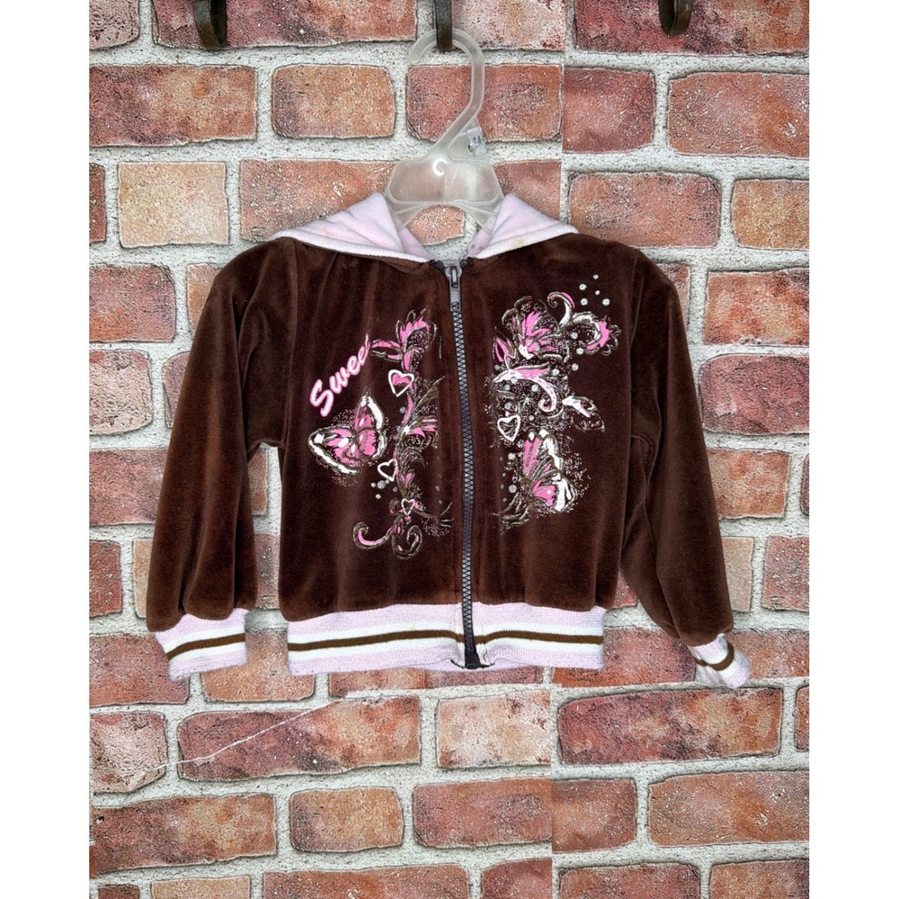 Y2K Kids Play Girls Brown Velour Zip Up Hoodie‎ Sweet Angel Butterfly Pink 3T